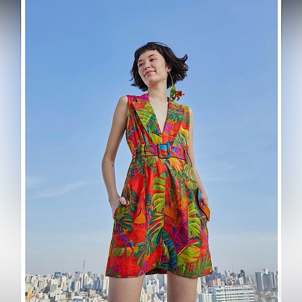 FARM Rio NWOT Urban Jungle Linen Blend Belted Minidress | Size M
